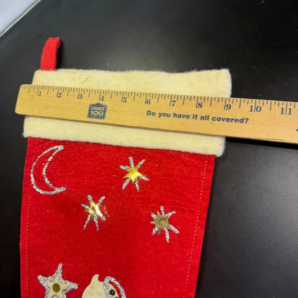 Vintage Christmas Stocking Red 20in Angel Moon Stars Felt Sequin Handmade MCM